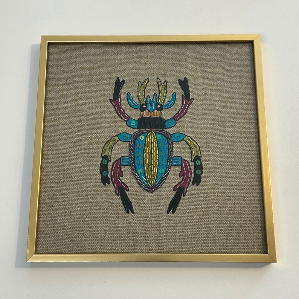 West Elm Gold Framed Wall Art‎ Embroidered Beaded Beetle Decor 10"